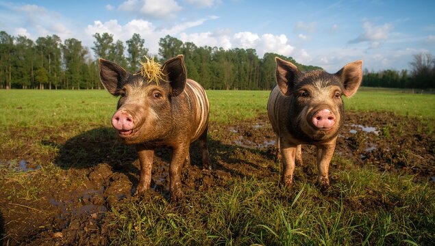 Two Berkshire pigs in a muddy field, showcasing rural livestock life, animal behavior