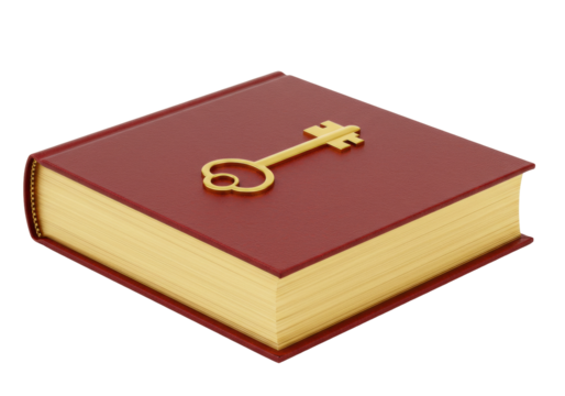 Isolated red book with golden key, knowledge symbol, classic literature concept