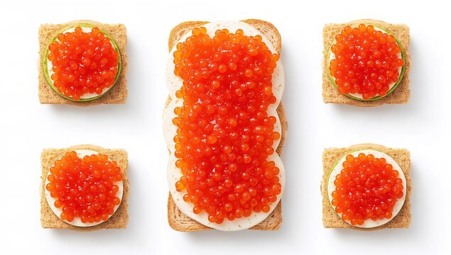 Delicious sandwiches topped with red caviar on a white background, fiber-dense choice