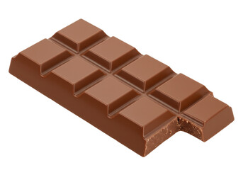 Isolated milk chocolate bar with bite, sweet candy, delicious dessert snack, brown color
