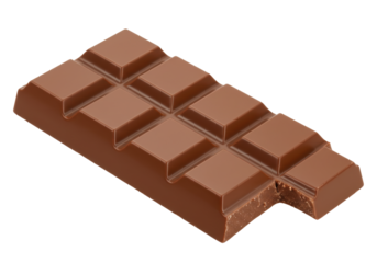 Isolated milk chocolate bar with bite, sweet candy, delicious dessert snack, brown color