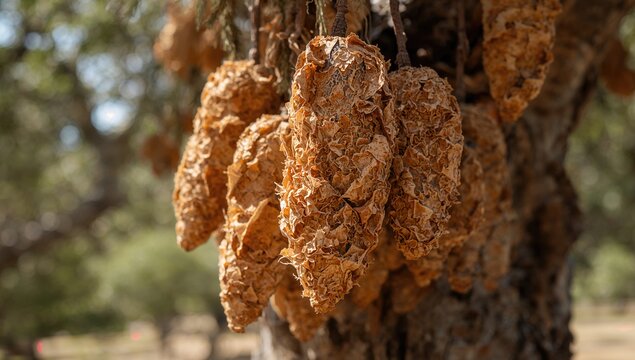 Cork oak bark drying in sunlight, a natural resource with sustainability benefits
