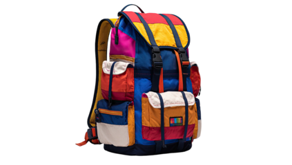 Colorful backpack with many compartments, straps and bright accents