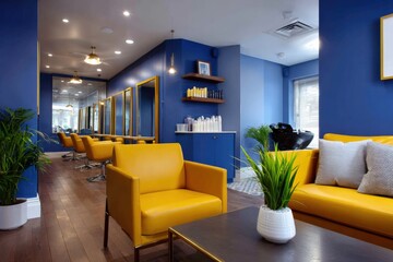 Modern blue salon interior with yellow chairs and stylish decor