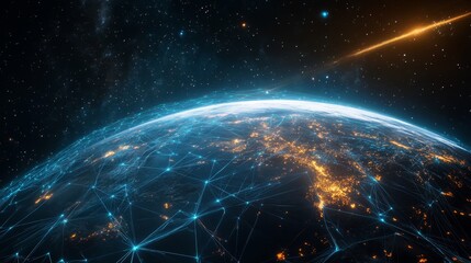 A global digital network spanning the entire planet, with luminous blue streams of light representing connections and the flow of information	