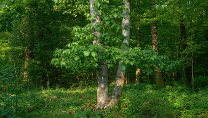 Obraz premium Young beech tree in the forest, showcasing seasonal change