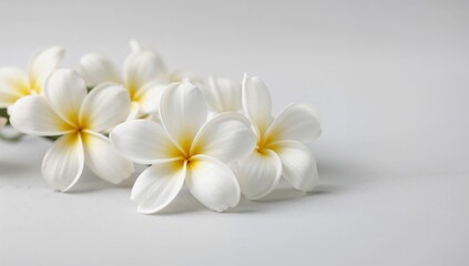 Fototapeta premium Plumeria blossoms with a soft blur effect on a grey backdrop, ideal for spa and wellness themes