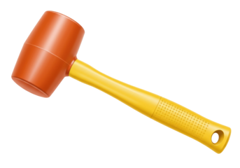 Isolated mallets with orange rubber head and a bright yellow handle is laying horizontally