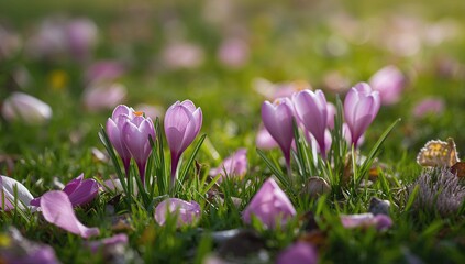 Fototapeta premium Springtime blooms featuring vibrant crocuses, seasonal change