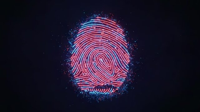 Glowing digital fingerprint scan on dark background conveying futuristic biometric authentication, secure identity verification and cyber security for access control and crime prevention - Powered by Adobe