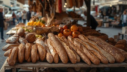 Assorted types of bread displayed at a local market, ideal for culinary exploration