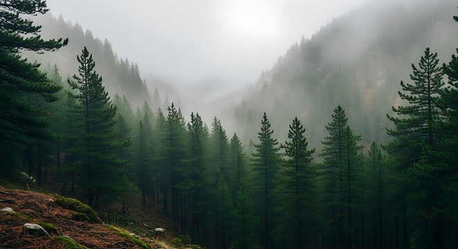 Fog and mist linger over evergreen trees in a mountain forest.