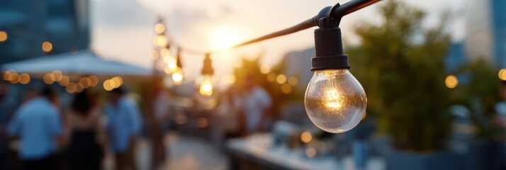 Warm evening rooftop ambiance with hanging string lights at sunset