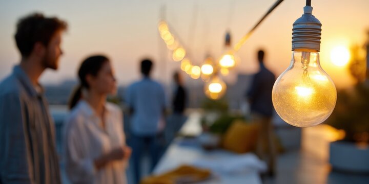 Casual rooftop gathering at sunset with string lights