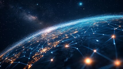 Obraz premium A global digital network spanning the entire planet, with luminous blue streams of light representing connections and the flow of information 