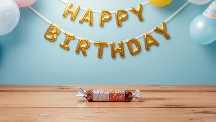 Delicious candy bar displayed on a table with a light blue backdrop, suitable for a birthday celebration