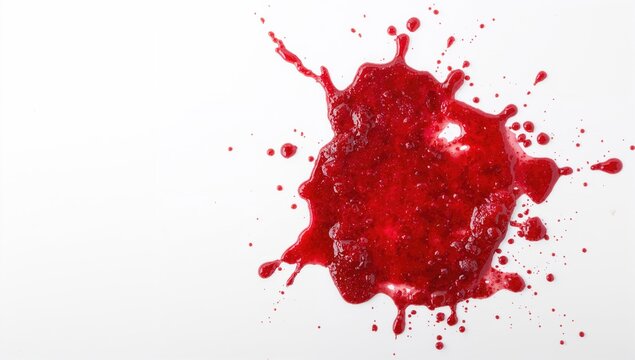 Red berry jam splash on white surface, showcasing vibrant color and texture