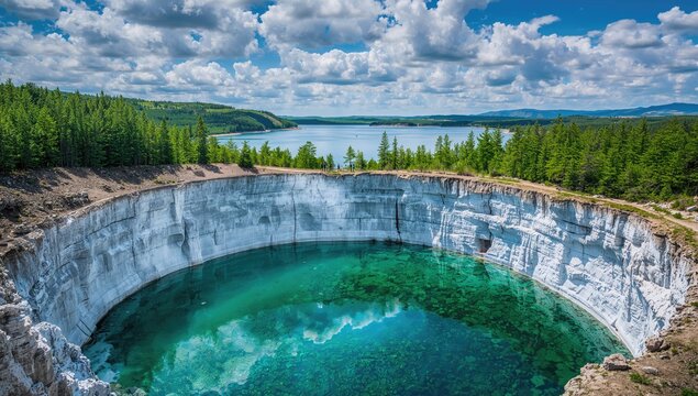 Sinkhole in marble mine at Ruskeala mountain park, highlighting erosion risk