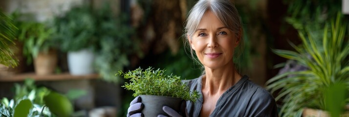 Mature caucasian woman gardening indoors with plants and herbs in natural light