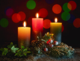 Burning candles. Cozy. Festive mood. Waiting for the Christmas miracle.