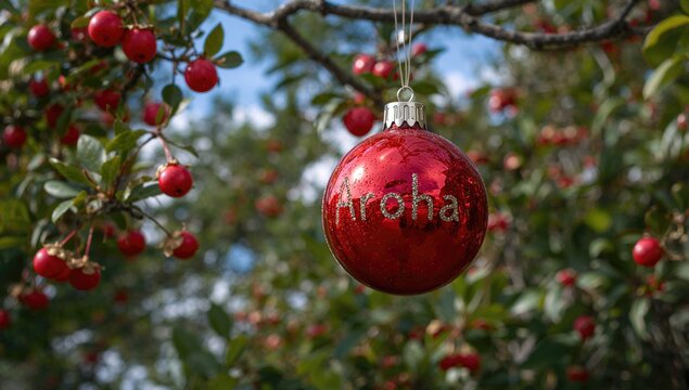A vibrant red Christmas ornament is suspended from a blooming Pohutukawa tree, featuring the words Love and Aroha, seasonal celebration