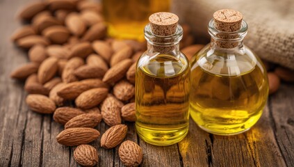 Organic vegetable oils in glass containers, beneficial natural ingredients, World Health Day