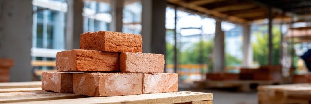 Stack of bricks at construction site with blurred background
