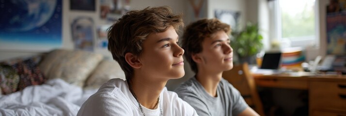 Caucasian teen males relaxing in cozy bedroom with natural light