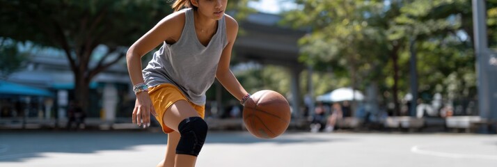Young hispanic female playing basketball outdoors in sunny park