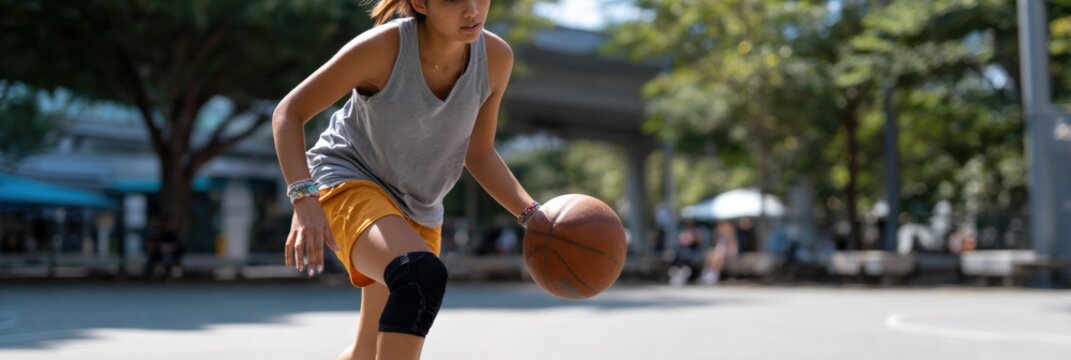 Young hispanic female playing basketball outdoors in sunny park - Powered by Adobe