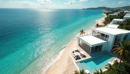 Obraz premium Modern white resort villa with pool sits on a sandy beach next to turquoise ocean water. Palm trees surround the luxury property. Sunny day offers bright light. This vacation home is beautiful.