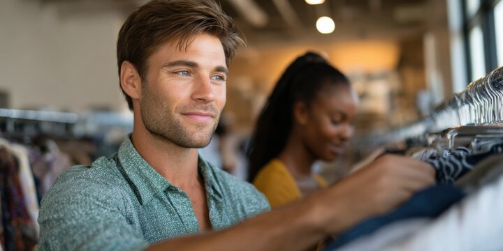 Young male shopping in clothing store with african female in background - Powered by Adobe
