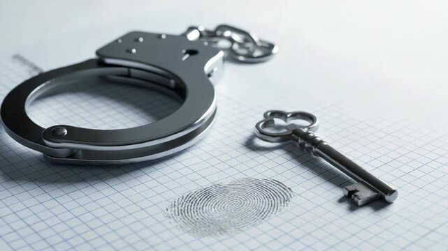 Metallic police handcuffs and an old fashioned key resting on a fingerprint identification card, symbolizing crime, forensic investigation, criminal justice, and the search for evidence