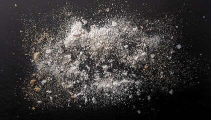 Sifted wheat flour spread on a dark surface, ideal for culinary presentations