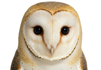 Isolated portrait of a barn owl in studio, bird of prey with round face, looking forward
