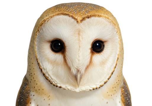 Isolated portrait of a barn owl in studio, bird of prey with round face, looking forward