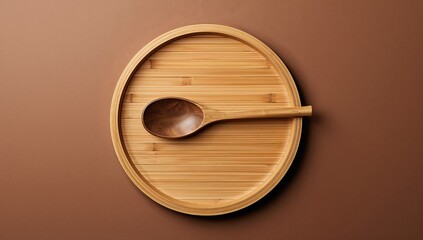 Flat lay of a vacant bamboo wooden plate with a wooden spoon on a warm brown surface, suitable for restaurant menu mockup