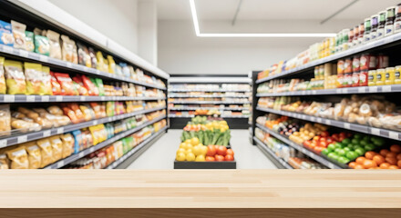 Empty wooden table in front of blurred supermarket aisle with groceries and fruits on shelves.