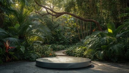 Podium stand set against a lush tropical garden backdrop, ideal for event presentations