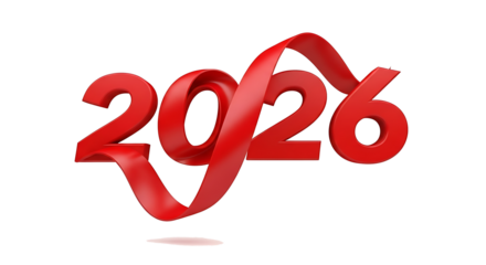 Bold red ribbon forms the numbers 2026 in a dynamic flowing design isolated on transparent background