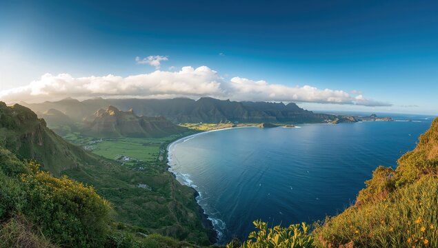 Panoramic view of the northern Madeira coastline, showcasing mountains and the Atlantic Ocean, highlighting erosion risk