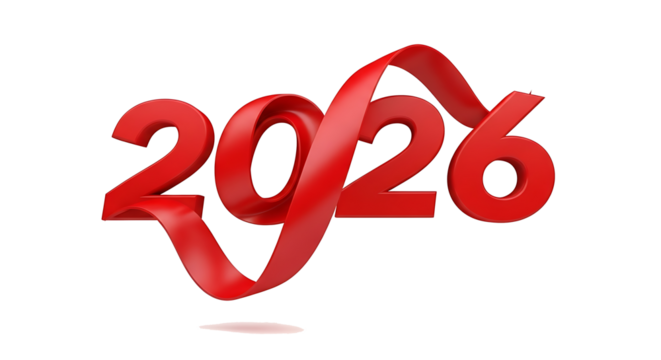 Bold red ribbon forms the numbers 2026 in a dynamic flowing design isolated on transparent background