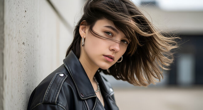 Young woman with windblown hair posing in a leather jacket outdoors  