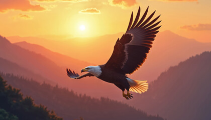 Bald eagle flies over mountains at sunset. Bird with wings spread soars against golden sky. Majestic predator hunts in wild nature, represents freedom and purpose.