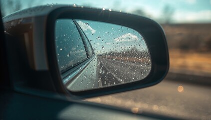 A close-up view of a rearview mirror reflecting raindrops in bright sunlight, showcasing weather contrast