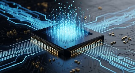 Closeup of a computer chip with glowing blue light, symbolizing advanced technology, artificial intelligence, and the power of modern computing systems