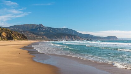 Fototapeta premium Manzanita Oregon coastline with mountain backdrop and Pacific Ocean waves, seasonal change