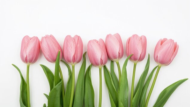 Fresh pink tulip flowers arranged in a row on a white backdrop, perfect for floral design