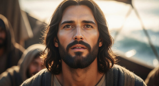 A close-up portrait of a man, with long hair and a beard, gazing upwards with a serene expression. 