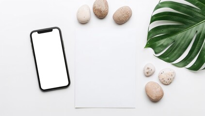 Mockup smartphone layout, blank note paper on white table, ideal for business presentations